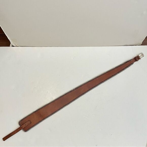 Calvin Klein Brown Leather Belt with Silver Chain Accents Angled Size S - Picture 5 of 8